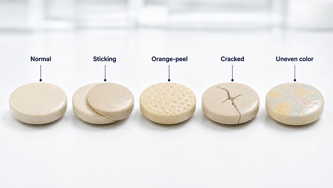 Normal coated tablet compared with sticking rough cracking and mottling defects