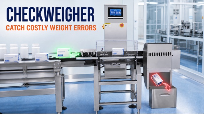 Checkweigher inspecting medicine bottles on a pharmaceutical packaging line