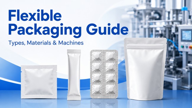 Flexible packaging guide featuring sachet, stick pack, pharmaceutical strip pack, premade pouch, and packaging machinery