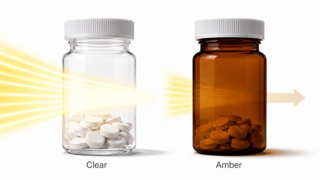 Comparison of clear and amber pill bottles showing how amber packaging reduces light exposure