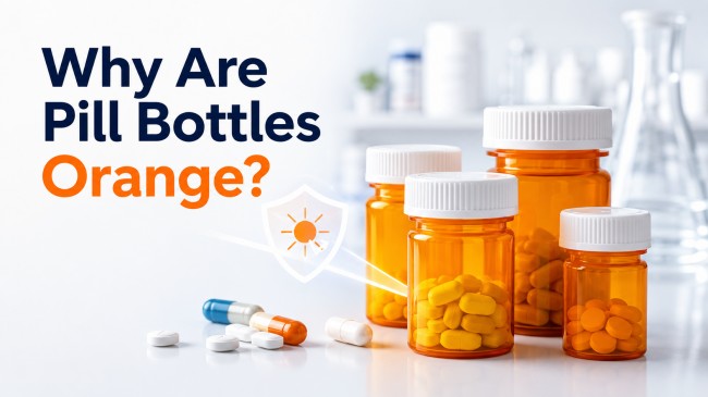 Amber orange pill bottles with tablets and capsules showing medicine packaging protection
