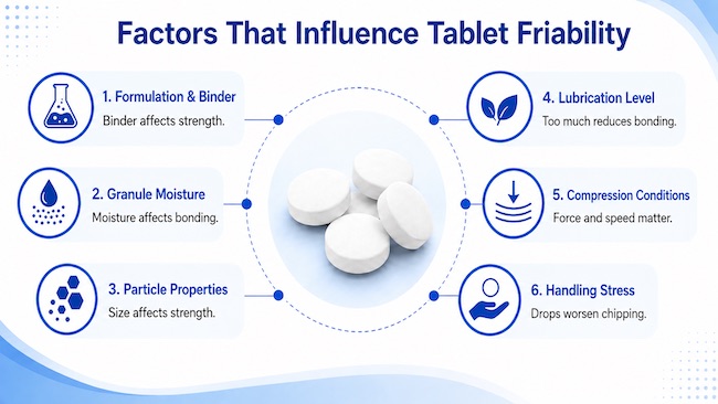 Key factors that influence tablet friability including binder, moisture, particles, lubrication, compression, and handling
