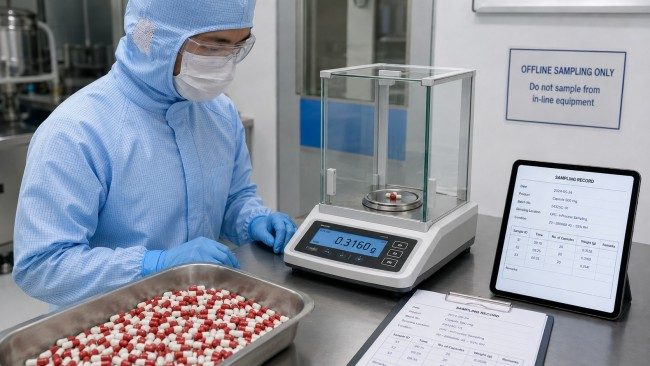 Operator checking capsule weight with an analytical balance during offline sampling