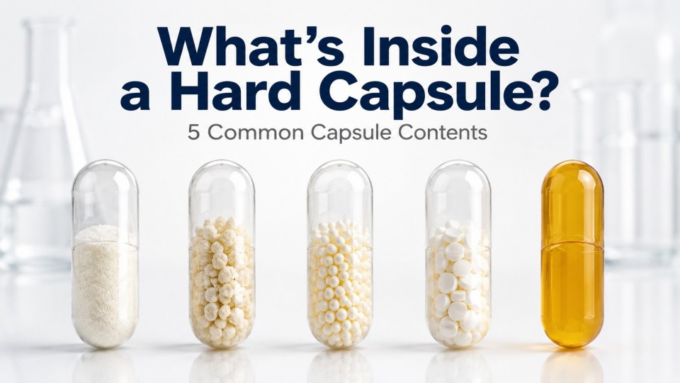 Five common capsule contents including powder, granules, pellets, mini-tablets, and liquid