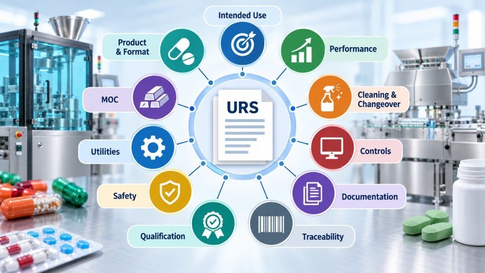 Pharmaceutical equipment URS requirements including performance utilities controls documentation and traceability