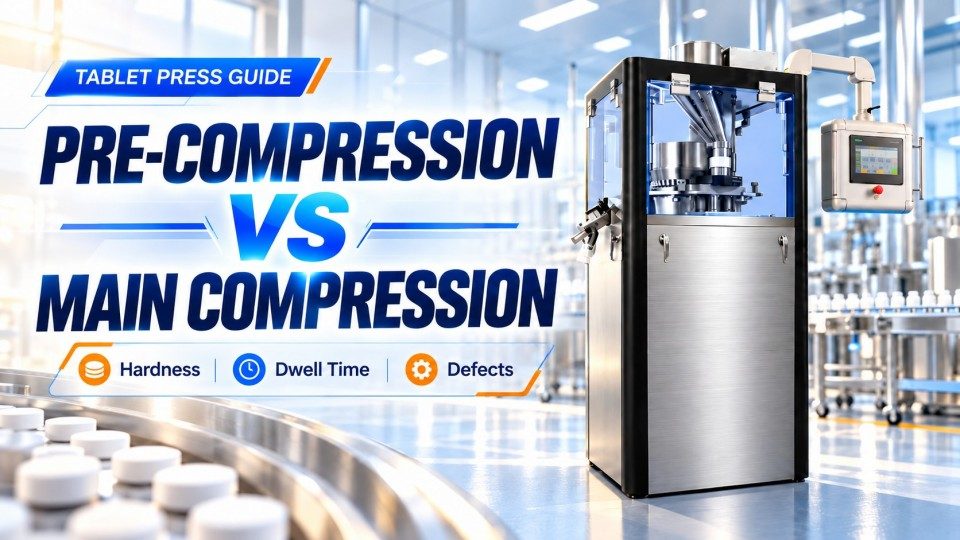 Pre-compression vs main compression in a rotary tablet press, covering tablet hardness, dwell time and defects